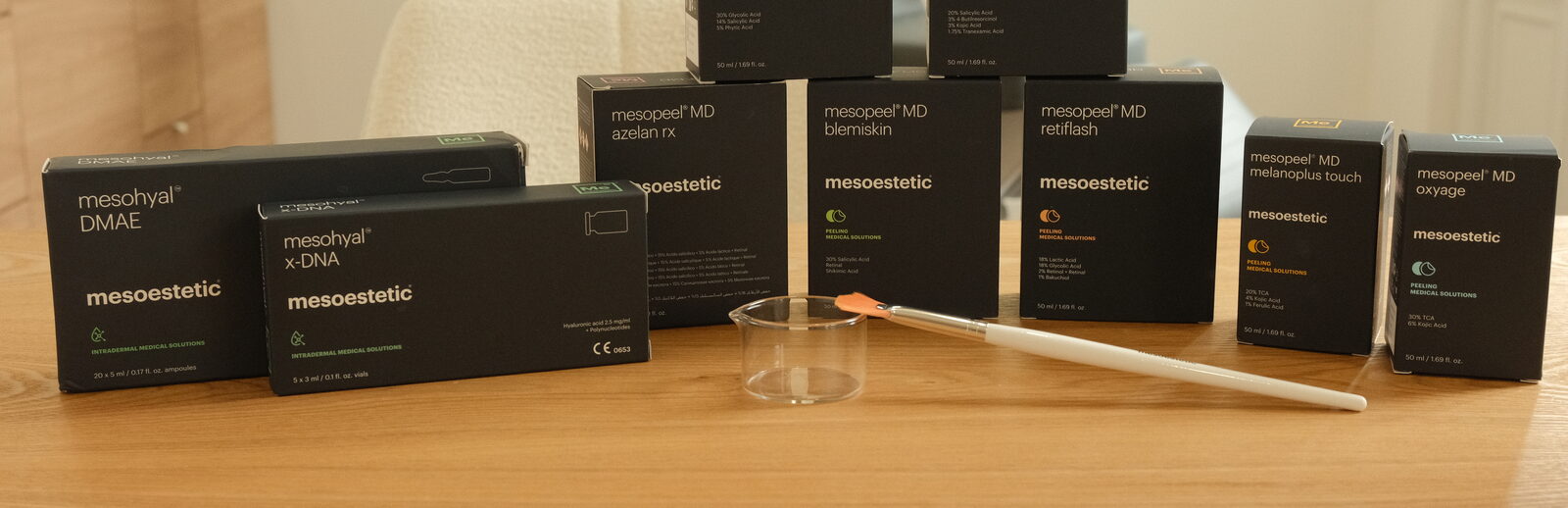 Gamme de peelings mesoestetic (Mesopeel) utilisée au cabinet du Dr Christophe Klein